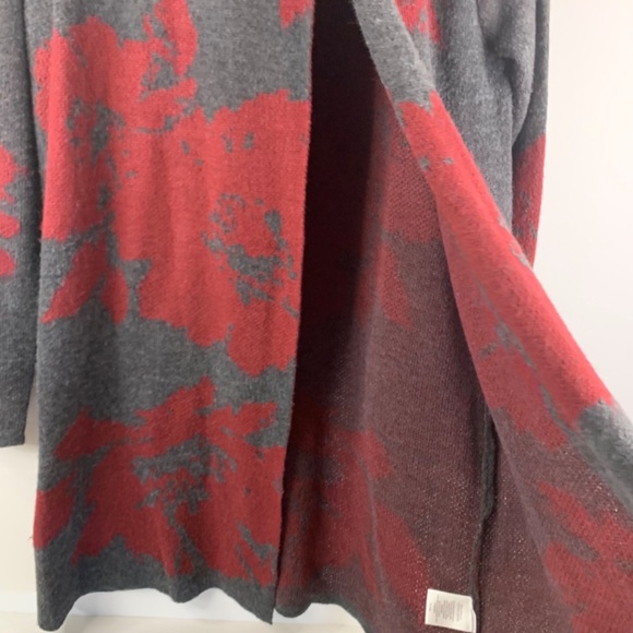 Asymmetrical lagenlook red / grey floral draped long sweater/ cardigan/ jacket - Picture 5 of 10